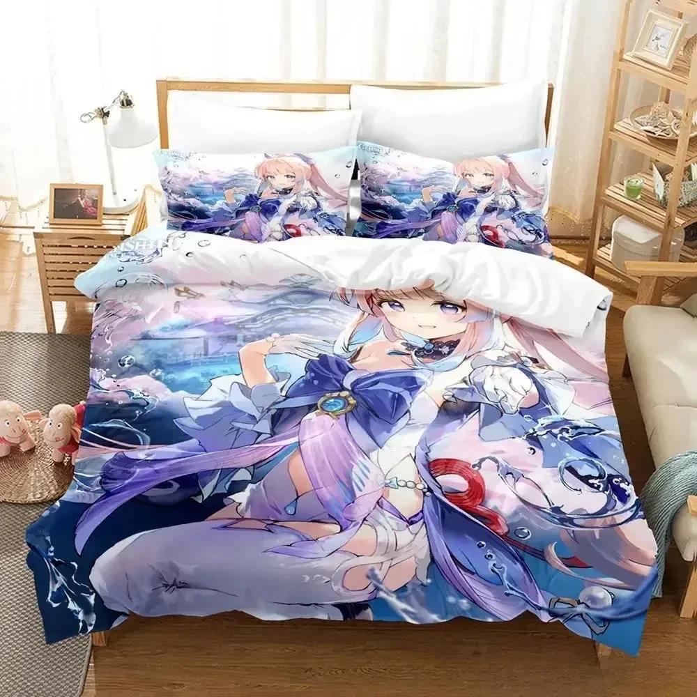 Genshin Impact Sangonomiya Kokomi Bedding Set Cartoon Anime Three-Piece Set Adult Kid Bedroom Duvet Cover Sets 3D Kawaii Girls