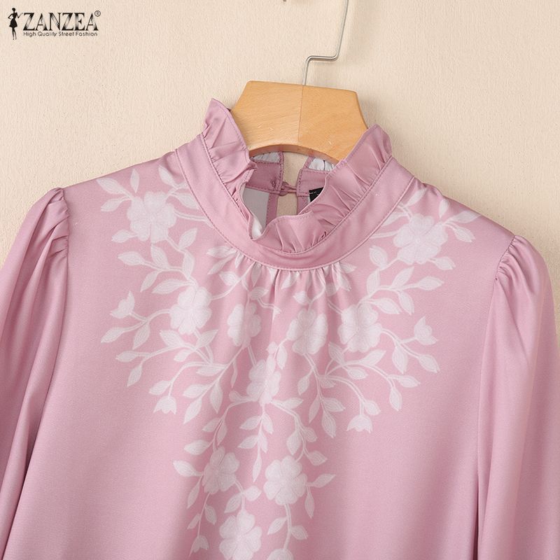 ZANZEA Women Casual Stand Collar Long Sleeve Print Blouse