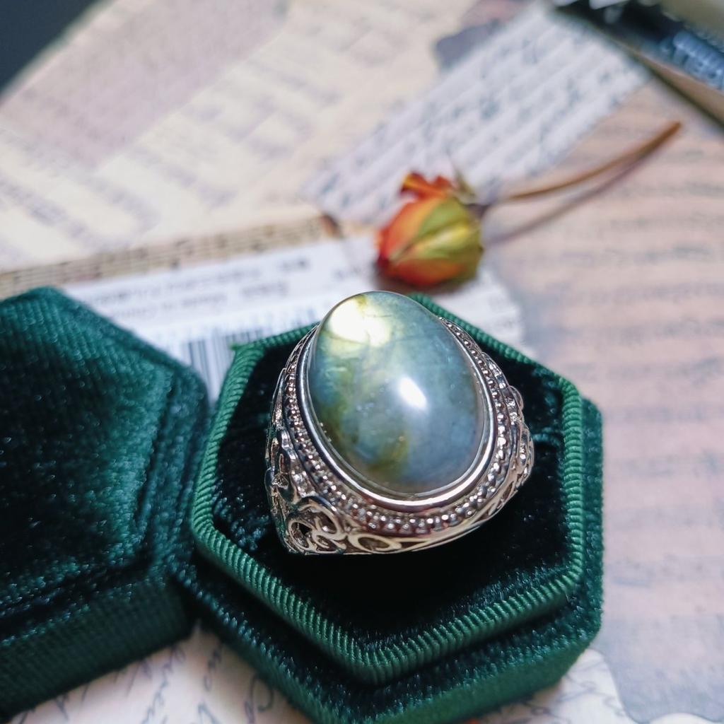 Moonstone Ring Men's Inlaid Stainless Stone Pattern Finger Ring Handmade Retro Couple Style Valentine's Day Gift