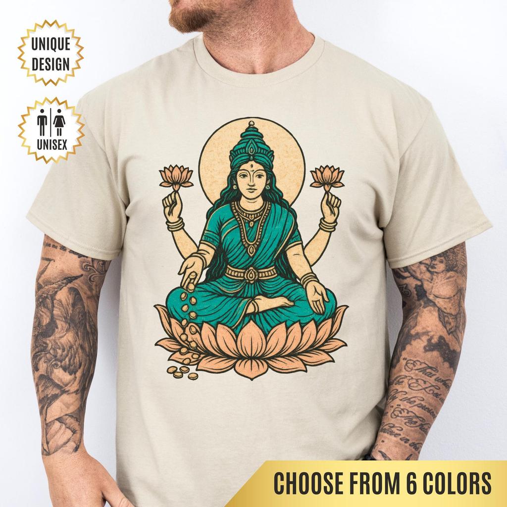 Lakshmi Goddess T-Shirt, Hindu Goddess T-Shirt, Sacred Lotus Design, Spiritual Gift for Yogis, Meditation Tee, Yoga Shirt, Diwali Gift