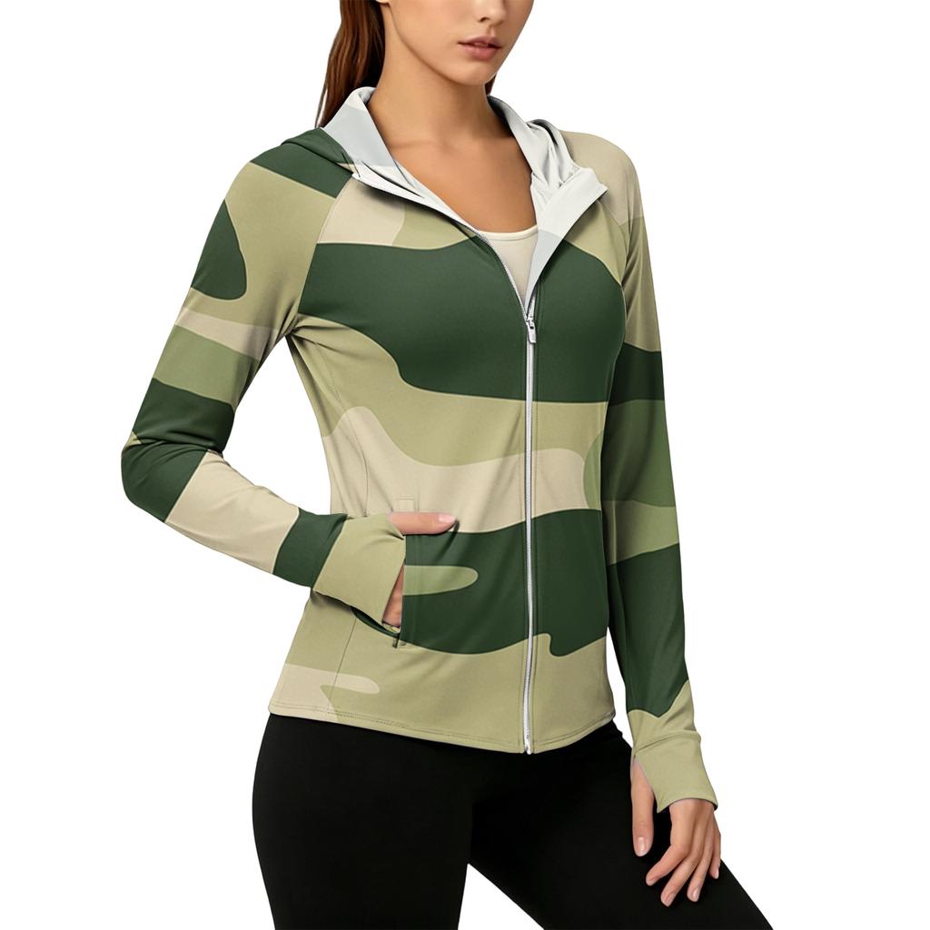 Womens Zip Up Hoodie Lightweight Long Sleeve Camouflage Print Sun Protection Jacket with Hood and Pockets for Outdoor Activities