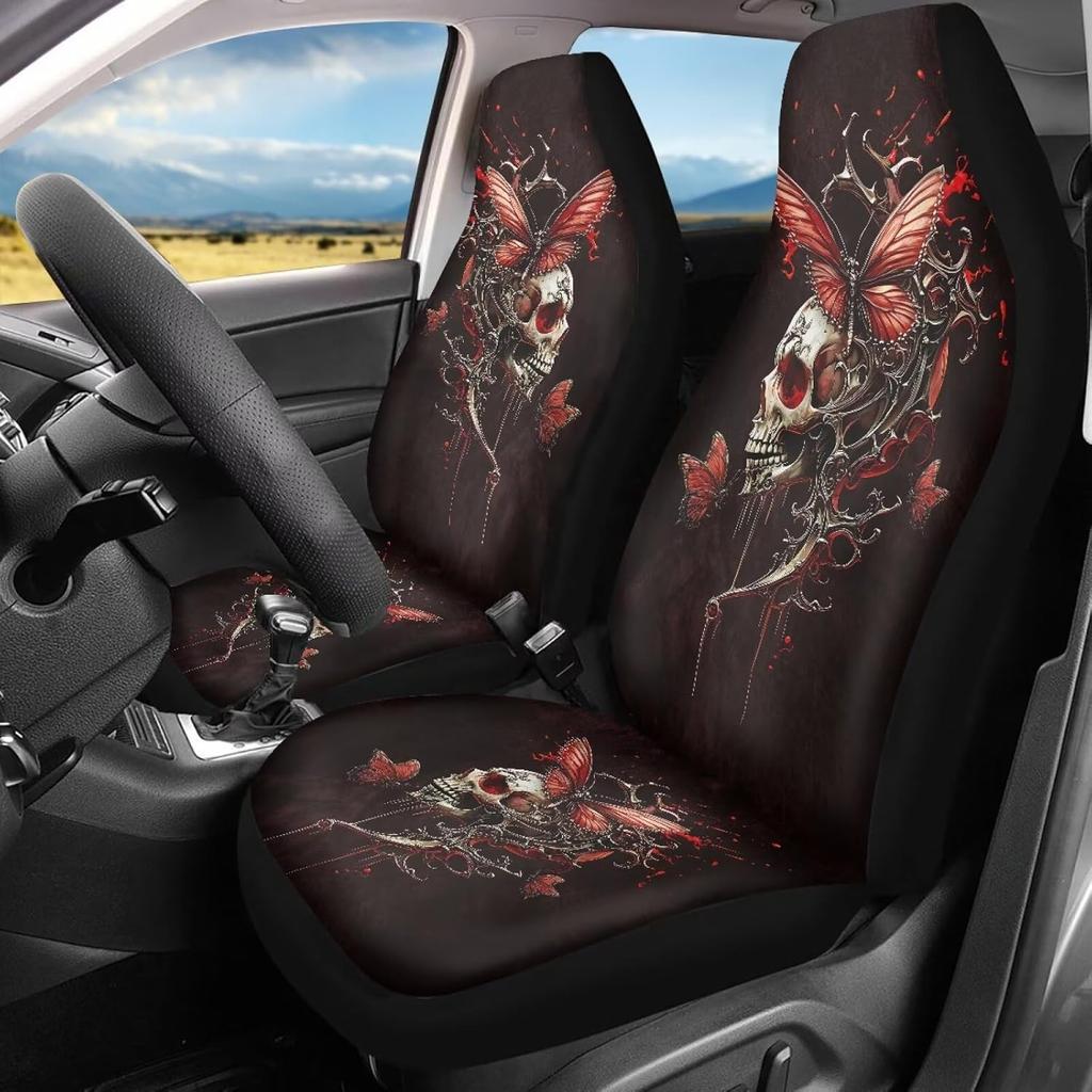 Bulopur Cute Black Gray Skull Set of 2 Car Seat Covers Universal Auto Front Seats Protector Fits for Car,SUV Sedan,Truck