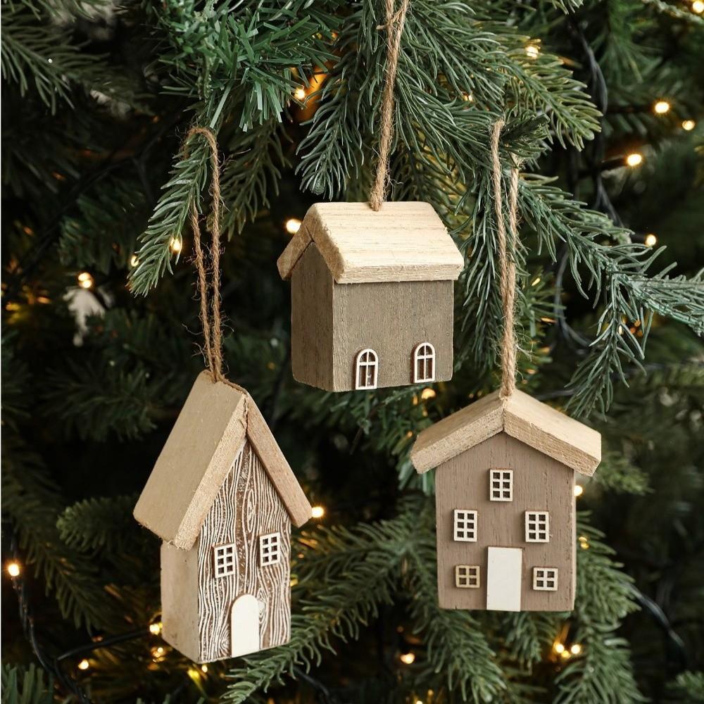 Creative Wooden Christmas House Pendant Village Pendant DIY Log House Ornament Solid Wood Christmas House New Year Decor