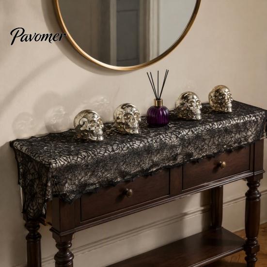 Gothic Table Decor Halloween Runner, Black Lace Spider Web Runners, 17.7 X Vintage Cover 70.9Inch for Home Party Dinner Kitchen Mantel Bedroom