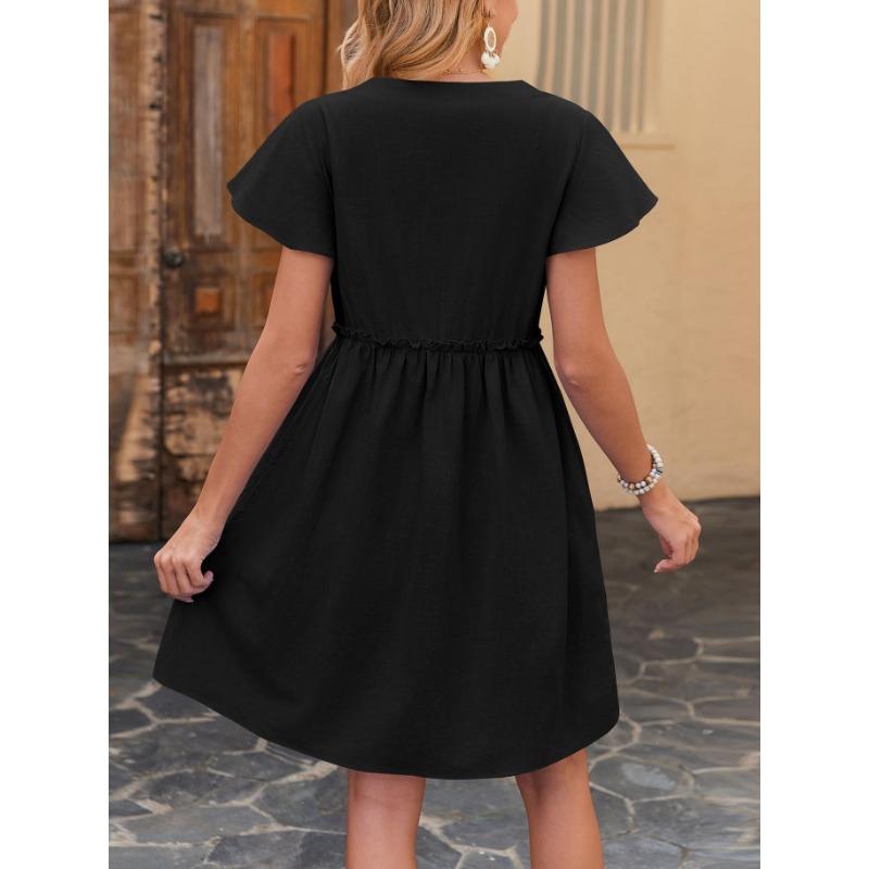 Vestidos casuales de cintura media con cuello en V y manga corta con estampado de Color sólido a la moda para mujer