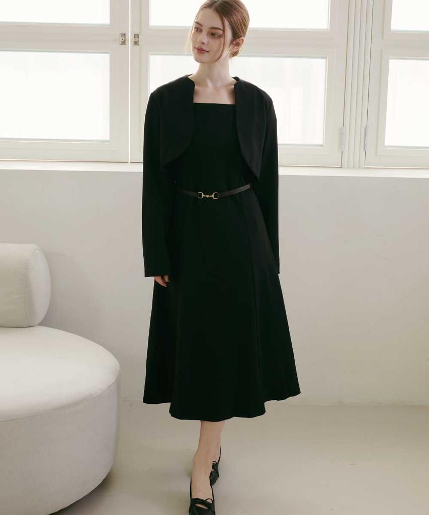 Peohaebseubaianna (Set) Square Neck Flare Long Dress Bolero Jacket Set