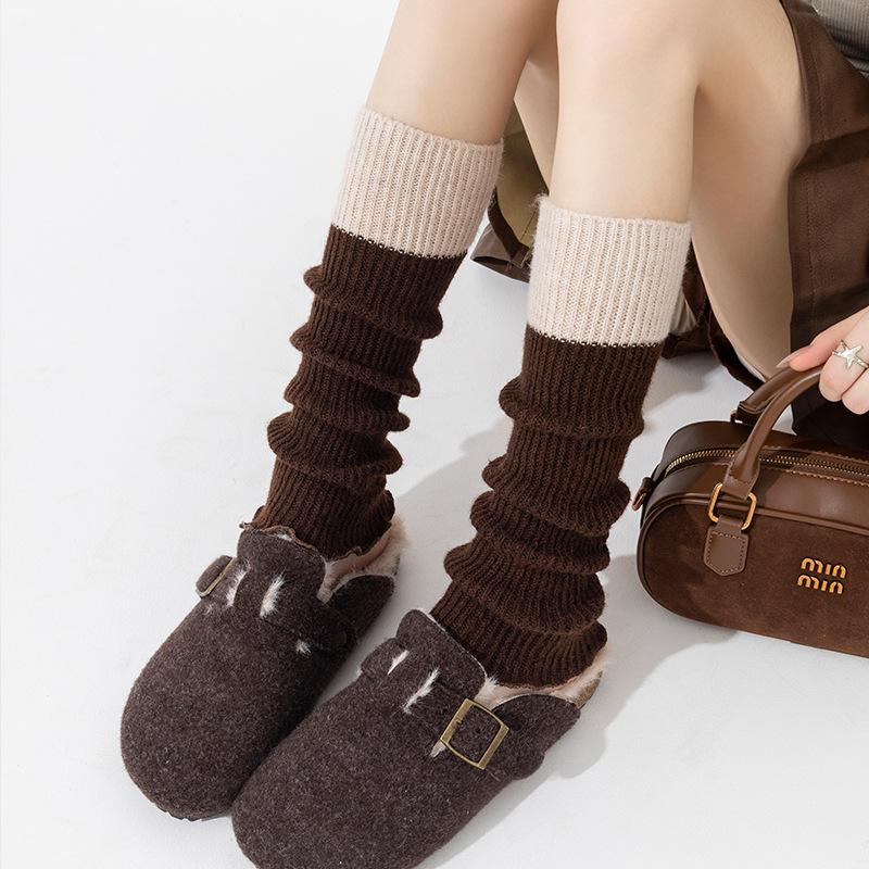 Stiefel Baumwolle Stapelsocken Überzug Gestrickte Wolle Beinüberzug Wolle Verdickt Warm Kontrastierende Spleißung Grau Wade