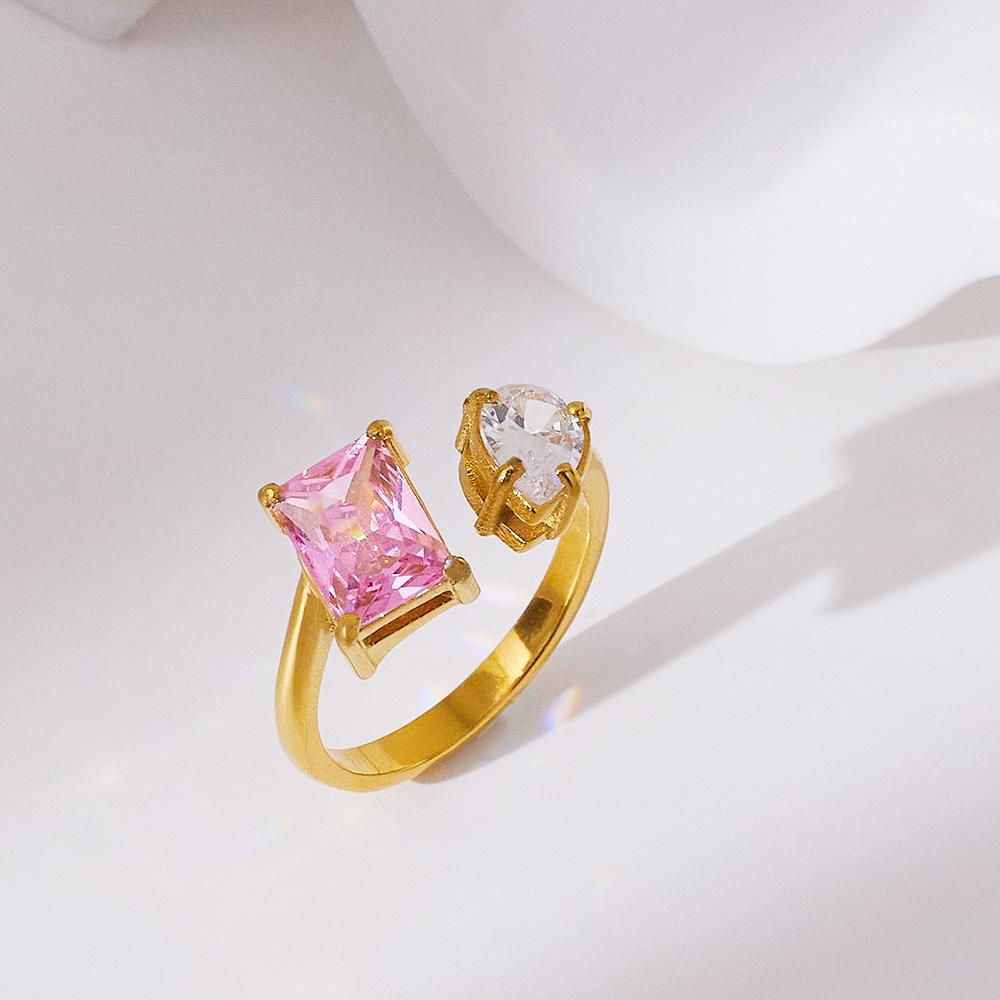 

Custom 18K Gold Plated Waterproof CubicZirconia Crystal Stainless Steel Wedding Diamond FashionJewelry Open Rings For