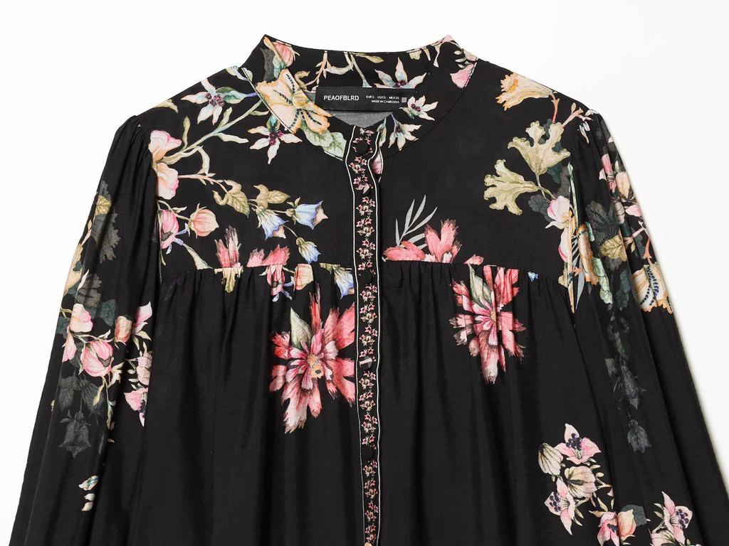 2026 Spring Women's Waist Tie Long Sleeve Printed Dress - European & American Style