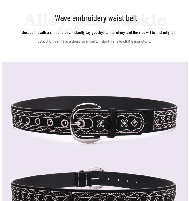 Chic American Retro Embroidered Women's Western Leather Belt - Fashionable, Versatile, and Perfect with Jeans.