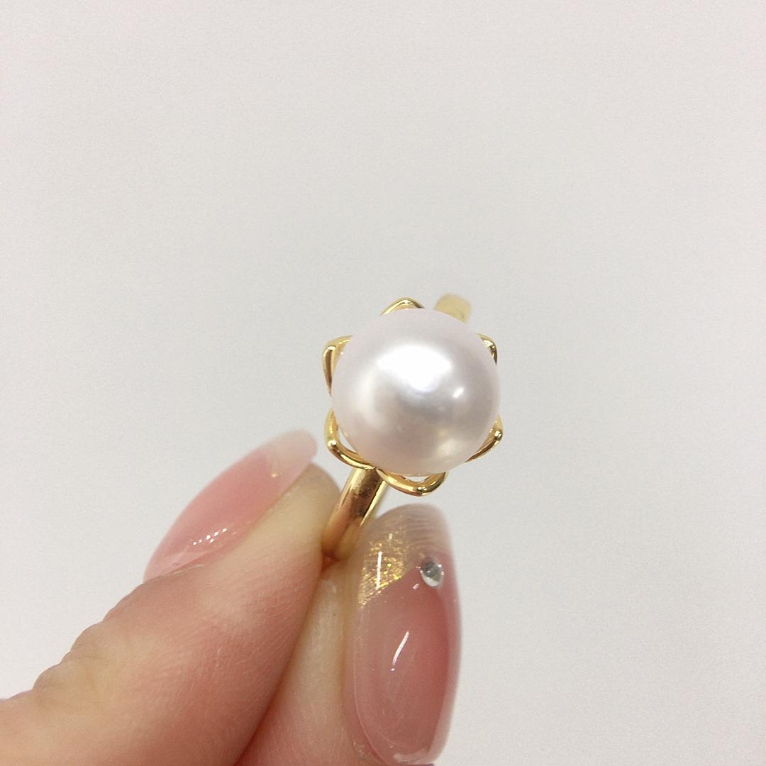 5A High Luster Natural Button Shape Freshwater Pearl Ring Simple Flower Band Natural Pearl Fashion Jewelry for Women Resizable&9.5-10.5mm