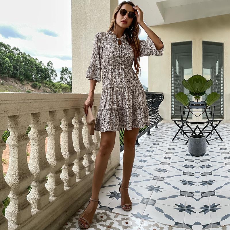 YYFS Women's Fashion Khaki 3/4 Sleeves O-Neck Casual Dresses