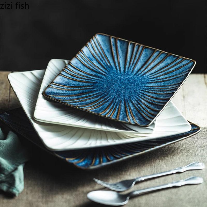 Retro Ceramic Square Plate Dessert Plate Sushi Dish Sashimi Dish Relief Striped Tableware Creative Snack Plate Steak Plates