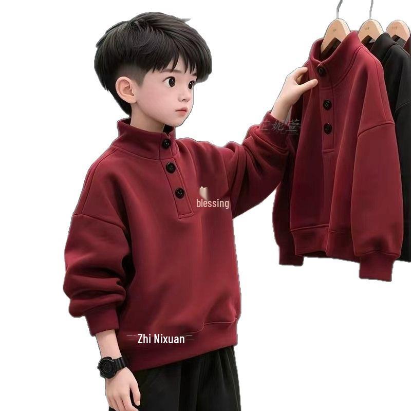 Boys' Year of the Horse Wine Red Velvet Sweatshirt - Festive Stand-up Collar 2026 New Year Style Zodiac Bestseller