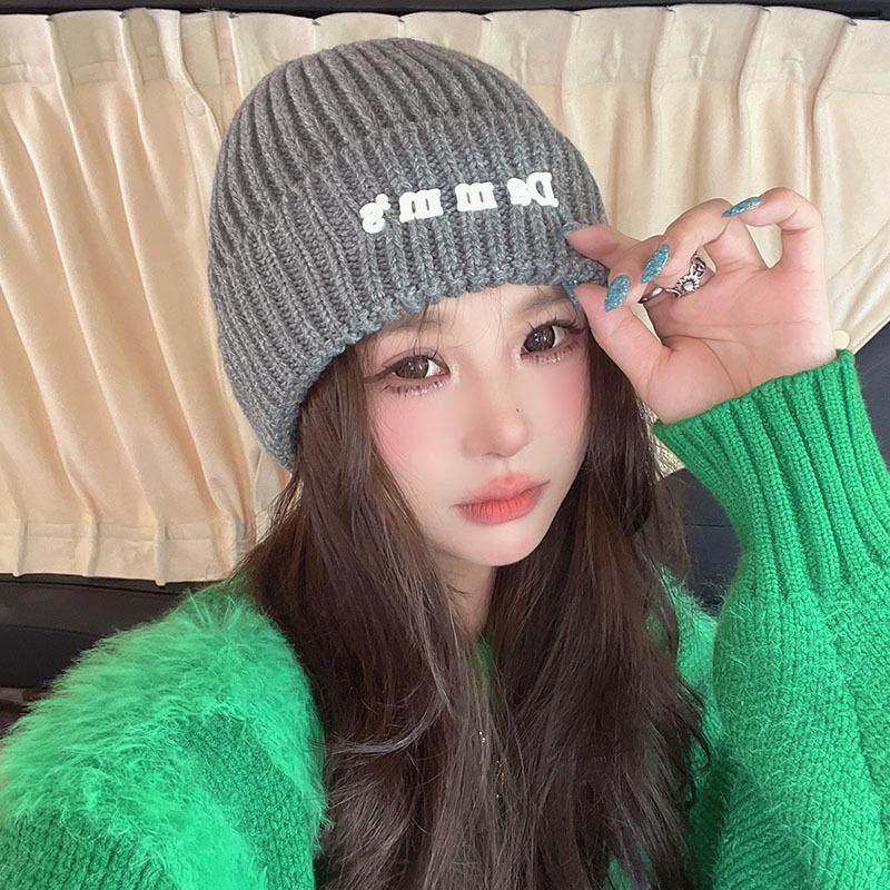 New Autumn and Winter Letter Offset Printing Wool Hat for Women Warm Ear Protection Knitted Hat Korean Style Pullover Hat Cold Hat Trendy