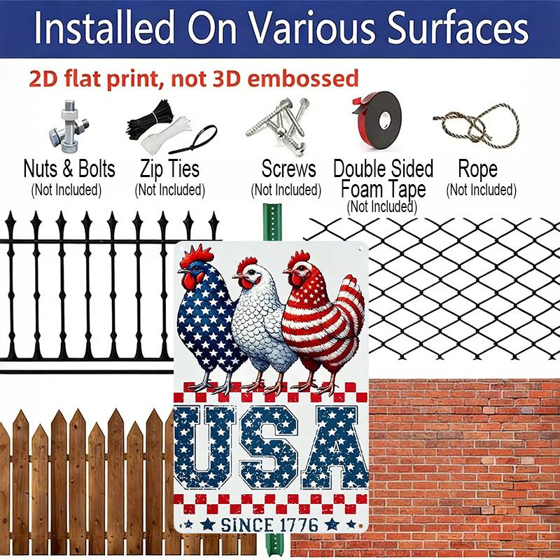2D Flach, 1 Stück Patriotische USA Hühner Seit 1776 Metallschild - 4. Juli Bauernhaus Wanddeko Langlebiges Aluminiummaterial 8*12 Zoll 4. Juli Dekoration