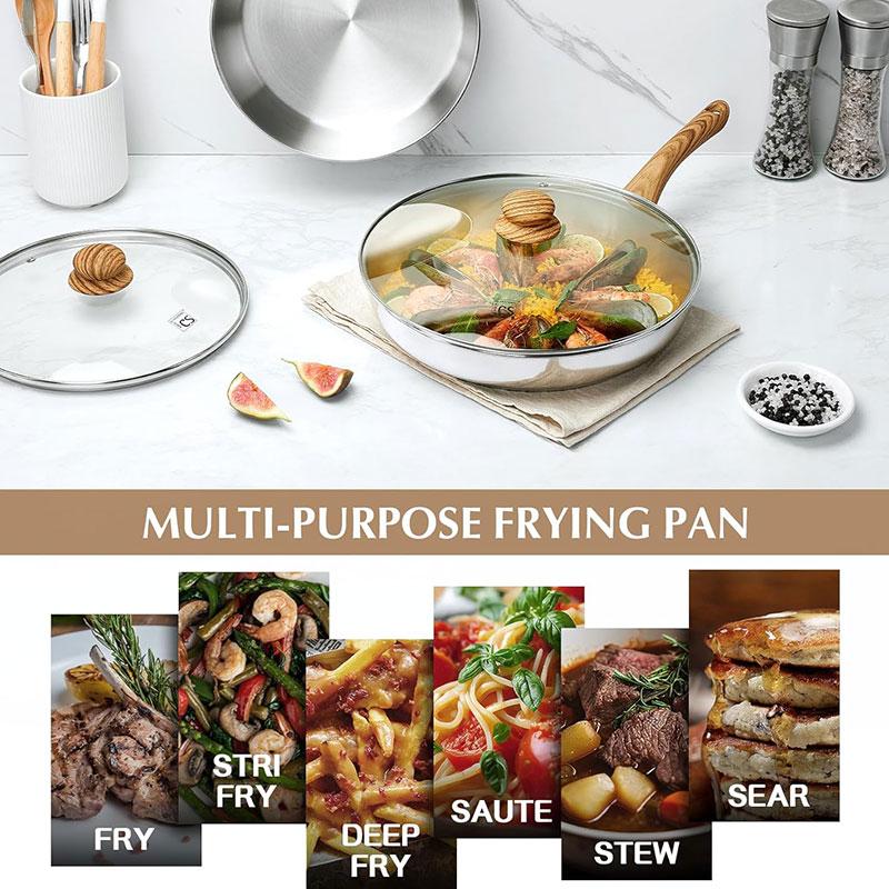 10 inch 12 inch Deep Cooking Frying Pan with Lid No Coating Stainless Steel Frying Pan Skillet with Heat-resistant Handle
