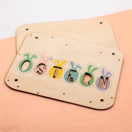 Wooden Easter Greeting Card Handmade OSTERN Rabbit Ear Colorful Egg Decoration Sign