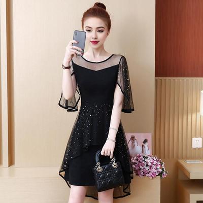 Women Evening Dress Mesh Patchwork Irregular Round Neck Star Sequin Double-layered Ruffle Short Sleeves Prom Party Mini Dresses