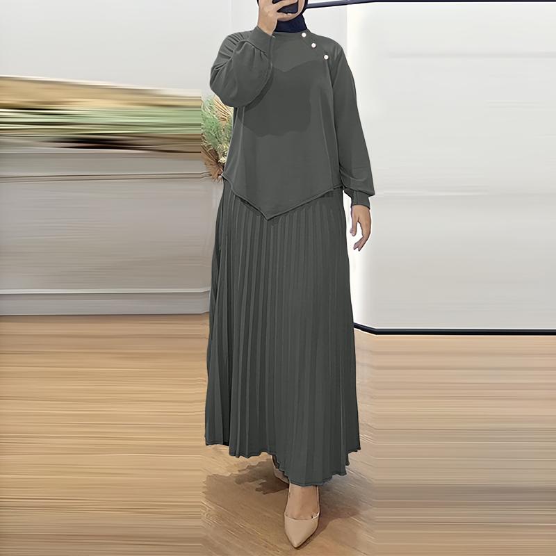 ZANZEA Women Long Sleeve Blouse and Long Pleated Skirts Casual Two Piece Suit Sets