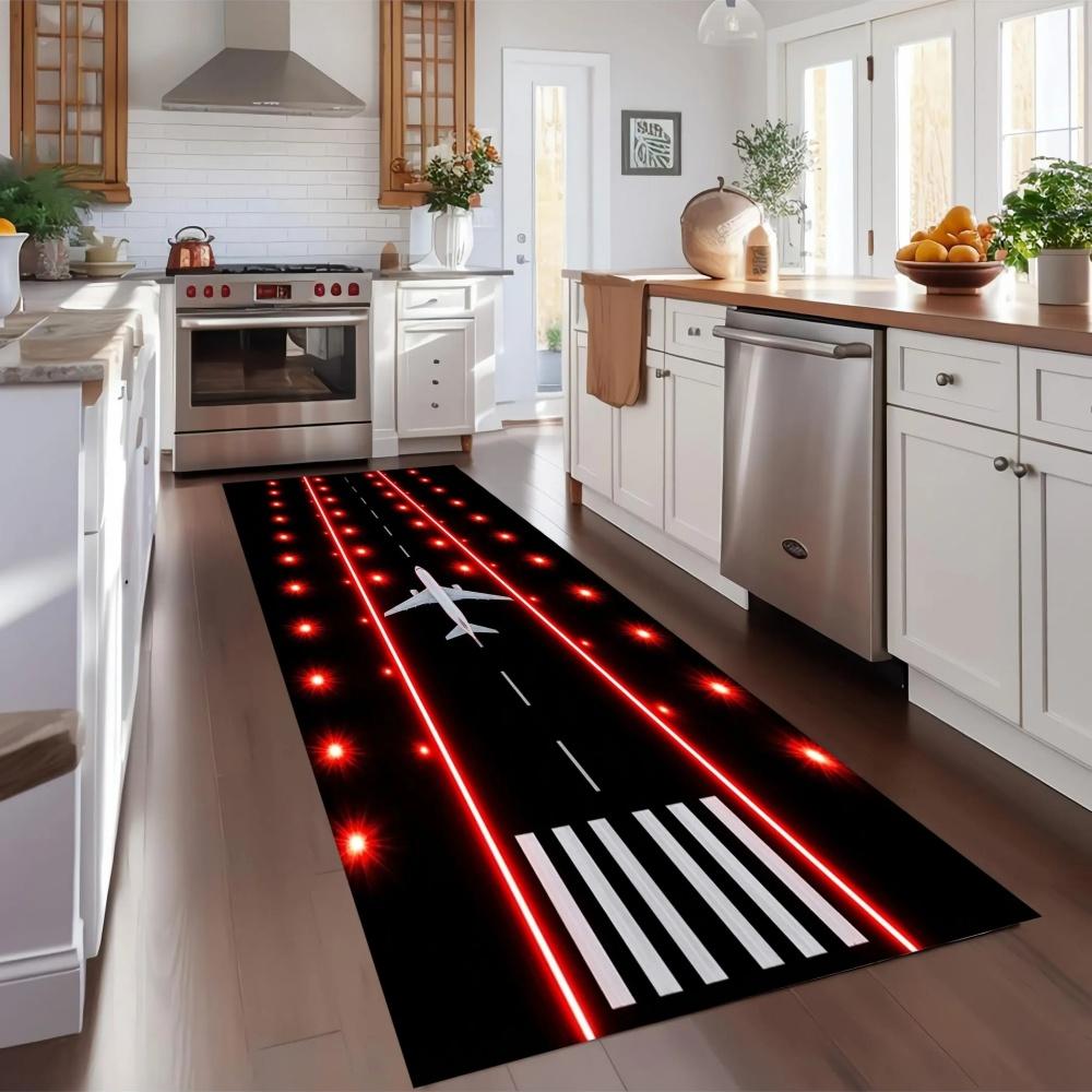 Airplane Runway Rug Sunset City Long Runner Rug Non Slip Washable Kitchen Mat Airport Light Scenic Hallway Entryway Carpet