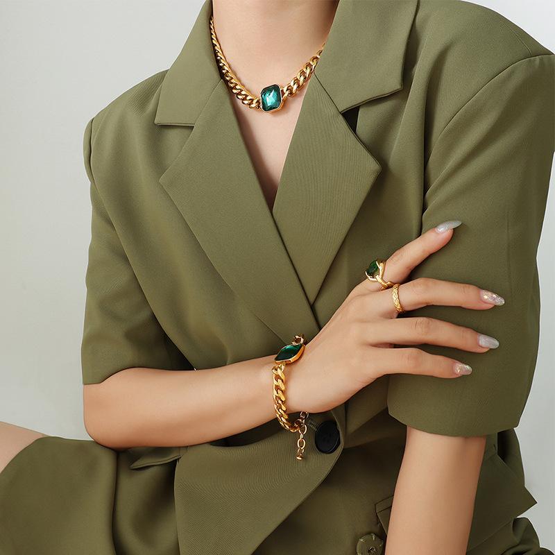 Retro Exaggerated Personality Crystal Stone Necklace Titanium Steel Chain Thick Chain Bracelet Women'S Chain Temperament