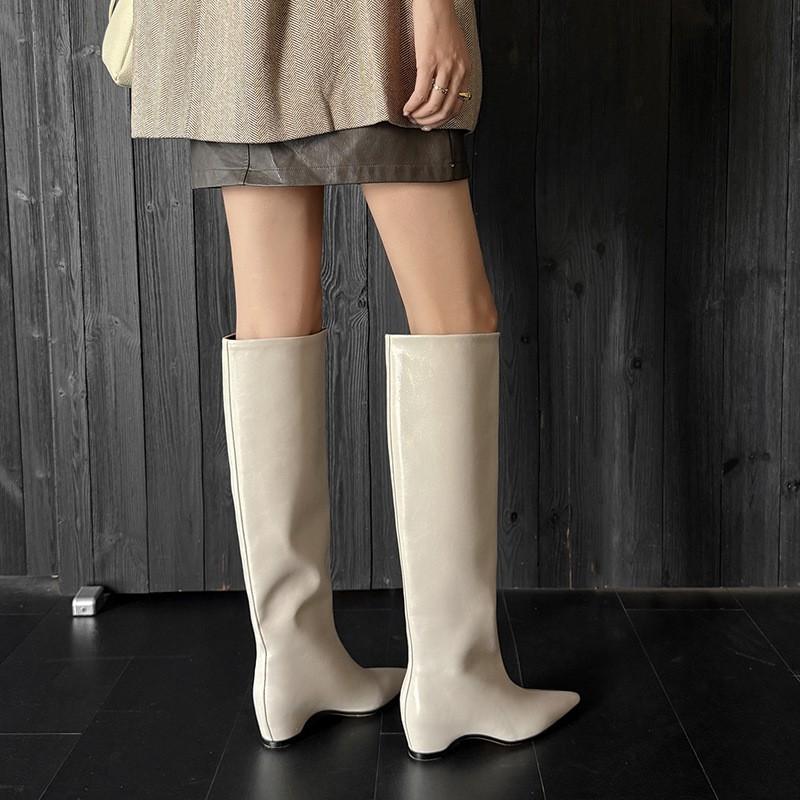 Womens Pointed Toe Knee High Boots Chunky Mid Heel British Style Slim Fit Winter Fashion Leather