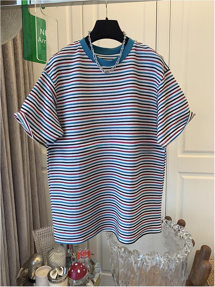 European Plus Size Striped Short Sleeve T-shirt for Women - Versatile Summer Loose Top