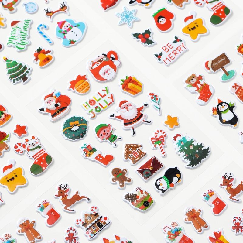 225pcs 4 Styles*3 Sheets Christmas Bubble Stickers 3D Cartoon Decoration Santa Claus Elk Stickers, Refrigerator Stickers