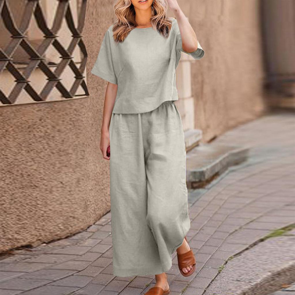 Damen Casual Lang- und Kurzarm-Pullover-Hemd, Rundhalsausschnitt, künstlerischer Retro-Einfarbig-Freizeitanzug