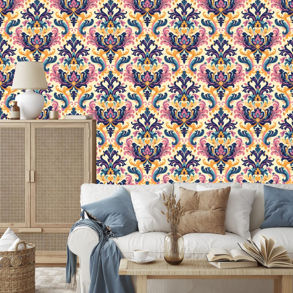 Baroque Damask Wallpaper Cream and Blue for Living Room and Bedroom 50x1000