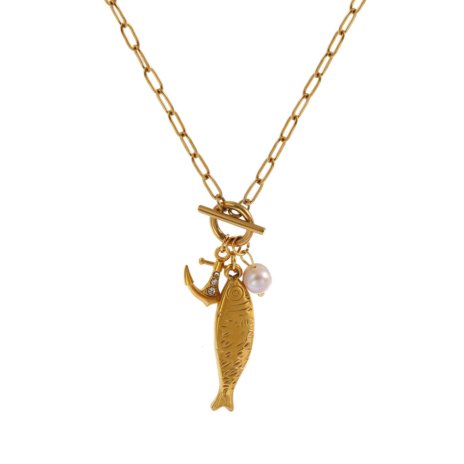 

304 Stainless Steel 18K Gold Plated Paperclip Link Chain Fish Pendant Charm Necklace 45cm(17.7 ) For Women Ocean Jewelry Gift