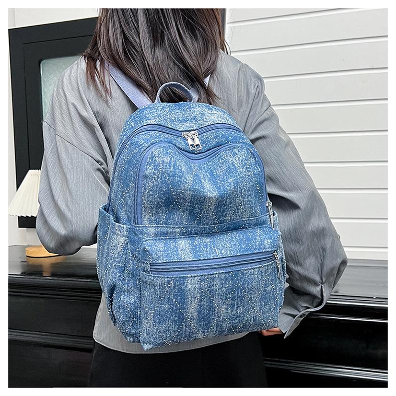 Schoolbag Middle school student schoolbag women's large-capacity new fashion retro denim highlight backpack Japanese leisure travel backpack