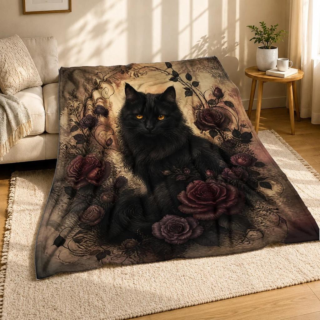 Gothic Black Cat With Roses Coral Fleece Blanket