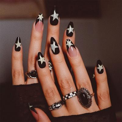 24PCS Black French False Nails with Simple White Star Patterns Medium Almond Press On Nails Sweet Cool Fake Nails for Spice Girl