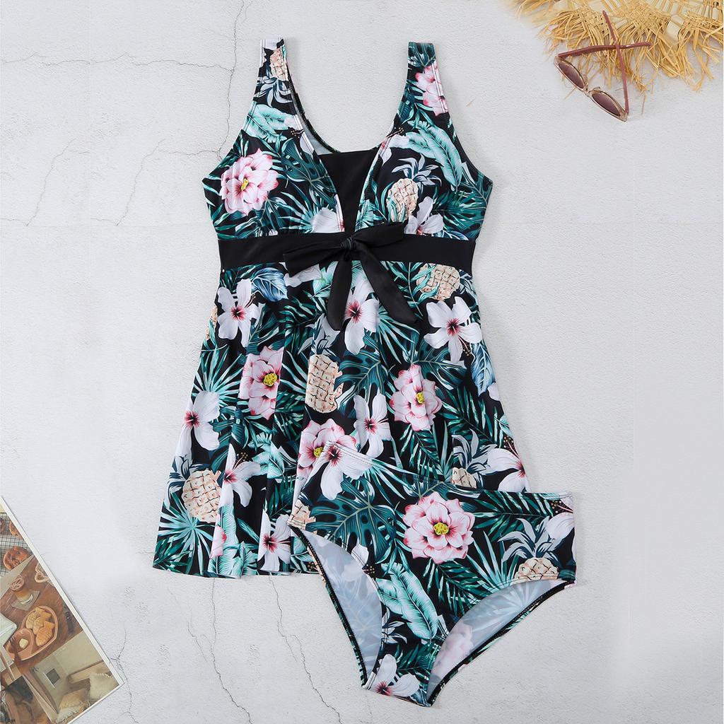 2024 Summer Beach Party New Swimsuit V-neck Printed Sexy Ladies Skirt Split Bikini Set