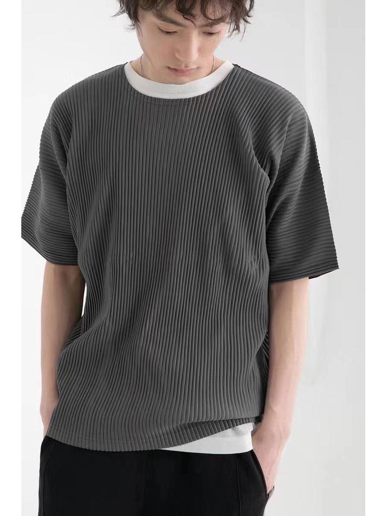 Pánské trendy plisované ležérní tričko s krátkým rukávem a kulatým výstřihem - JK020