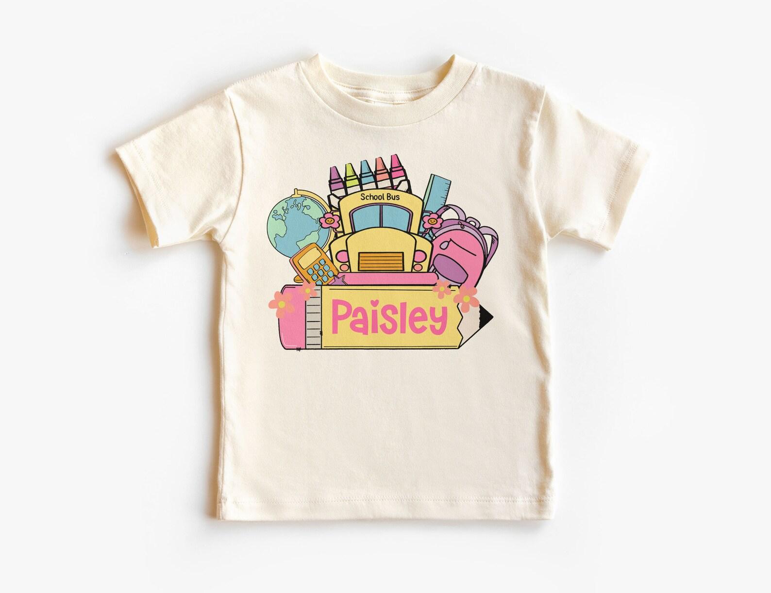 Personalized School Bus Girls Shirt, Custom Name Pencil Tee, Back To First Day Of School Kindergarten Outfit, Unisex Youth Kids Clothing 110