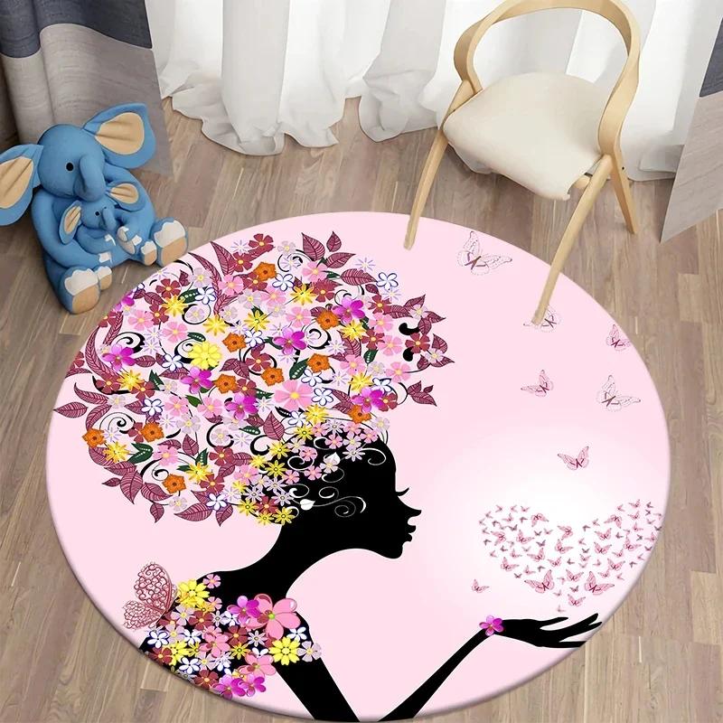 Butterfly Flower Fairy Girl Round Carpet Living Room Rugs Soft Doormat For Children's Room Playroom Decor Kitchen Bath Floor Mat