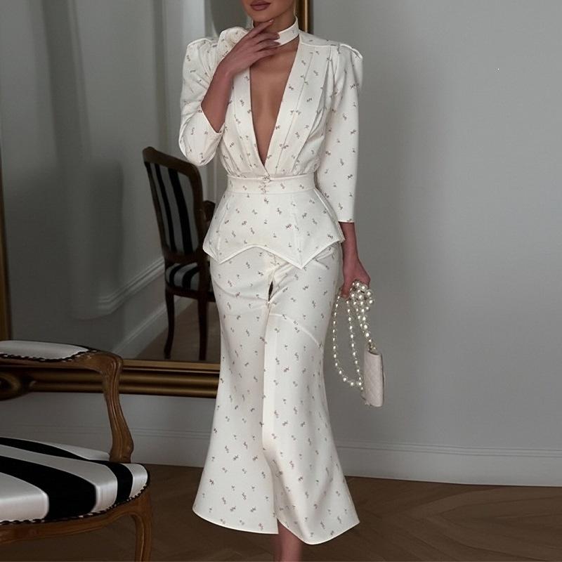 Spring, European and American women s clothing, fashionable and elegant commuting deep v-neck printed dress set S