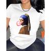 Women's Creative Print T-shirt, Round Neck, Short Sleeves, Casual Fashion, Loose Fit, Elegant Vintage Top