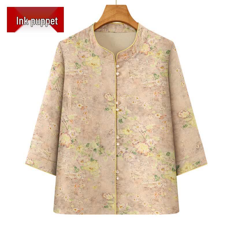 Mooou Mid-Aged Women s Vintage Chinese Style Button Shirt XL