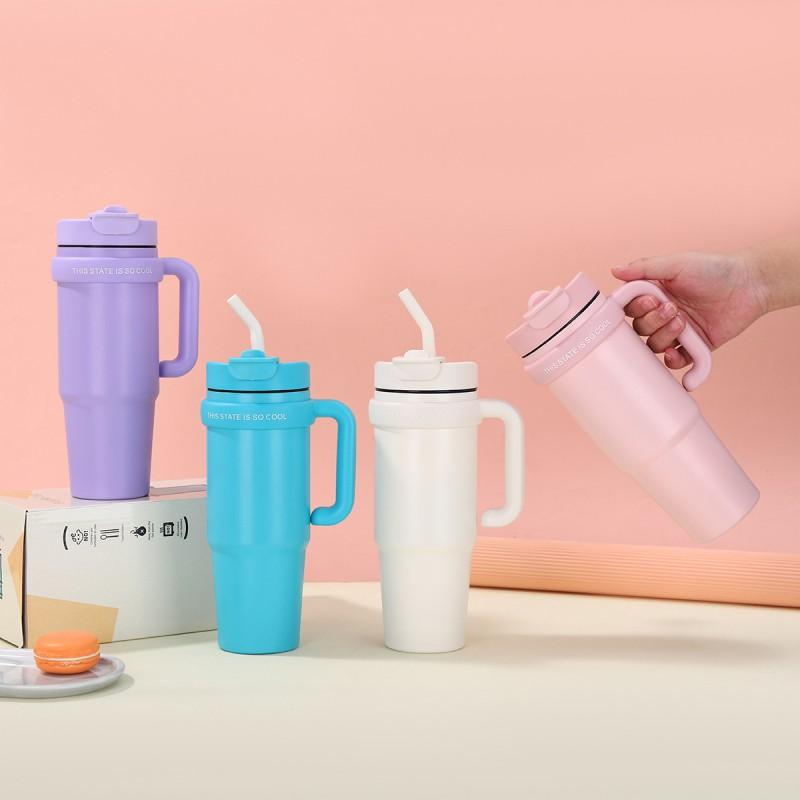 30oz Double Wall Stainless Steel Travel Mug With Handle Straw Insulated Car Cup Office Outdoor Use