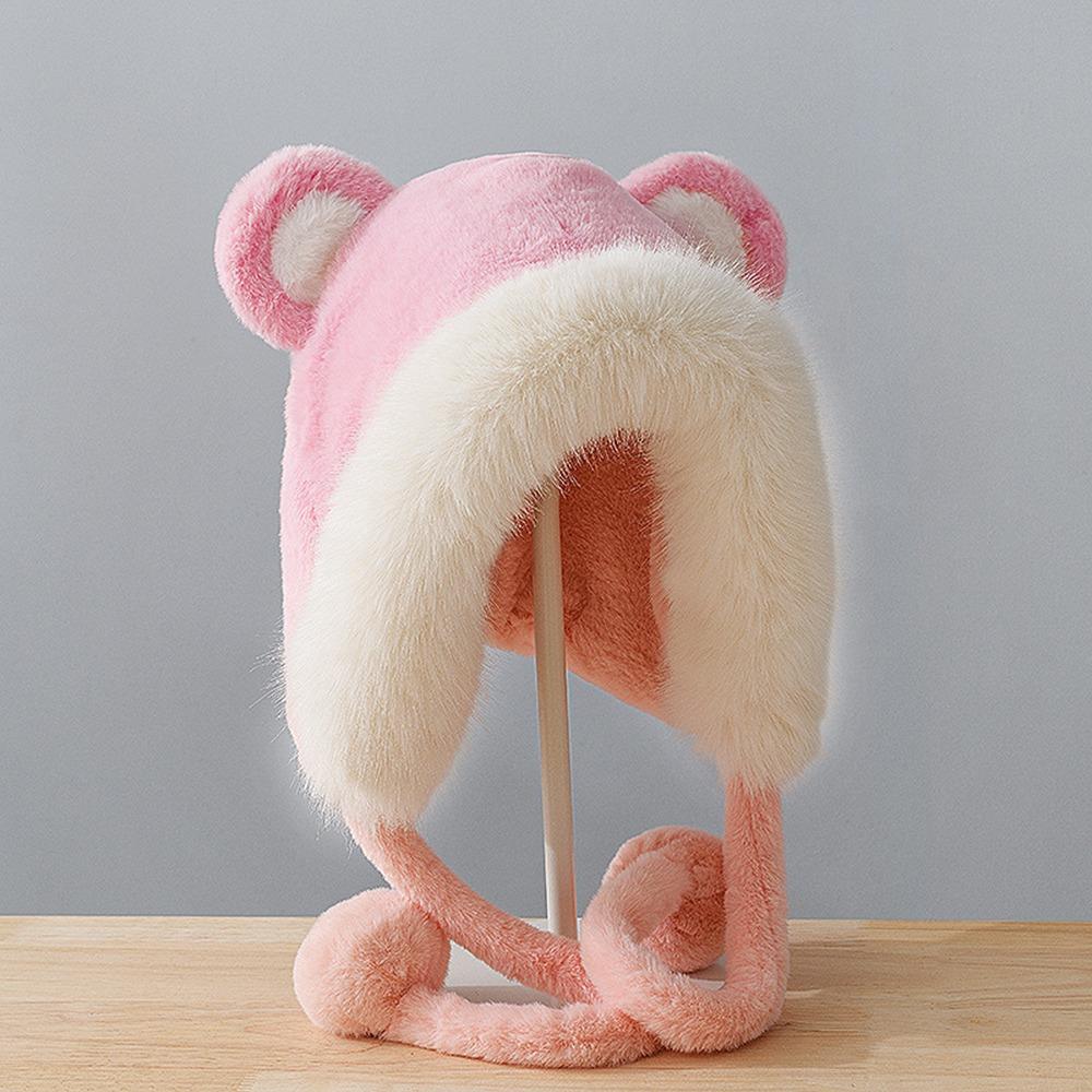 Warm Winter Hat Pompom Fluffy Skull Cap Stylish Bear Ears Hat  for Women