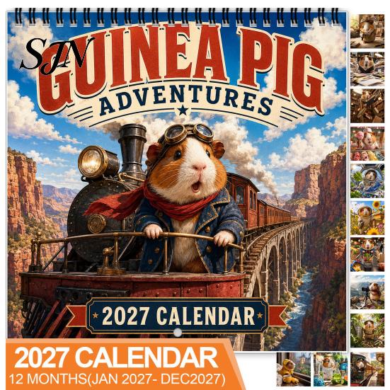 Personalized Gift for Pet Owners 2027 Guinea Pig Adventures Wall Calendar, Cute 12 Monthly Planner with Thick Paper Calendar Imaginative Scenes,