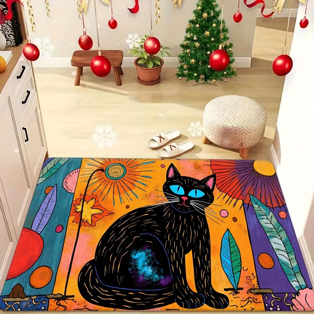 Artistic Black Cat Door Mat – Blue-Eyed Feline with Cosmic Design, Vibrant Abstract Pattern for Bedroom, Kitchen