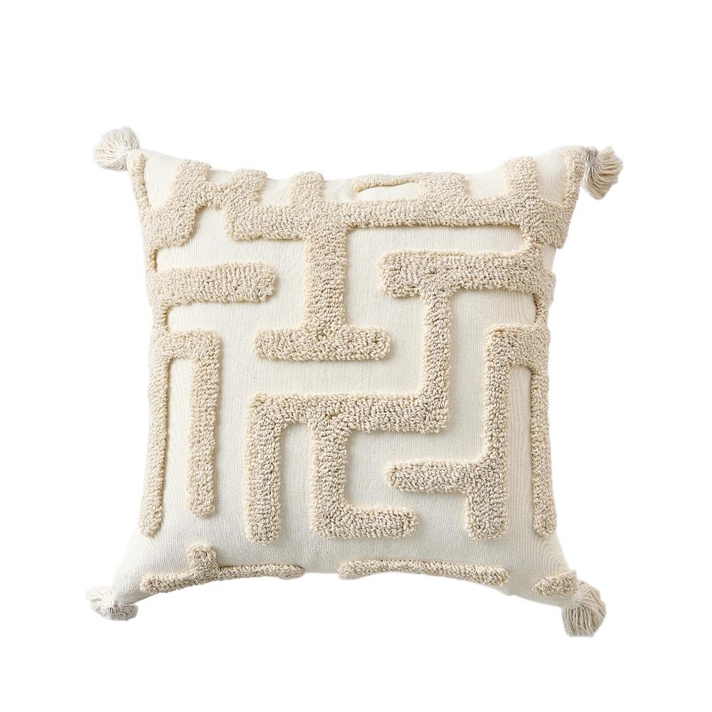1PC LOZUJOJU Beige Soft Cushion Cover Bohemian Tassel Style Tufted Embroidered Pillowcase for Sofa Living Room Bedroom Home Decor
