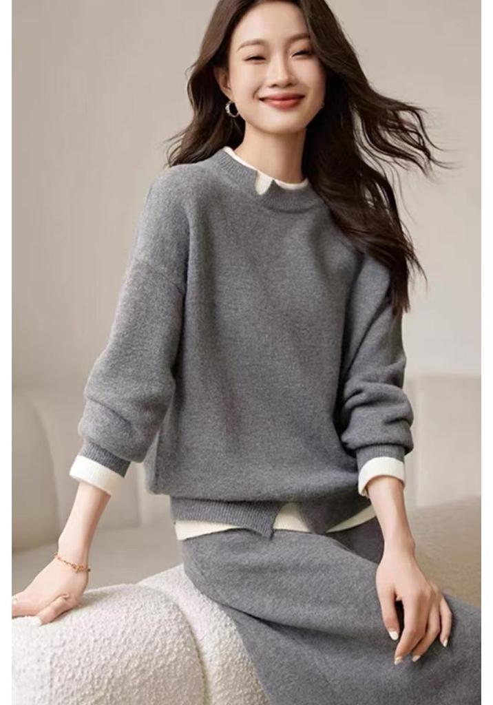 Elegant Wool Knit Cardigan and Skirt Set for Women - Loose Two-Piece Ensemble