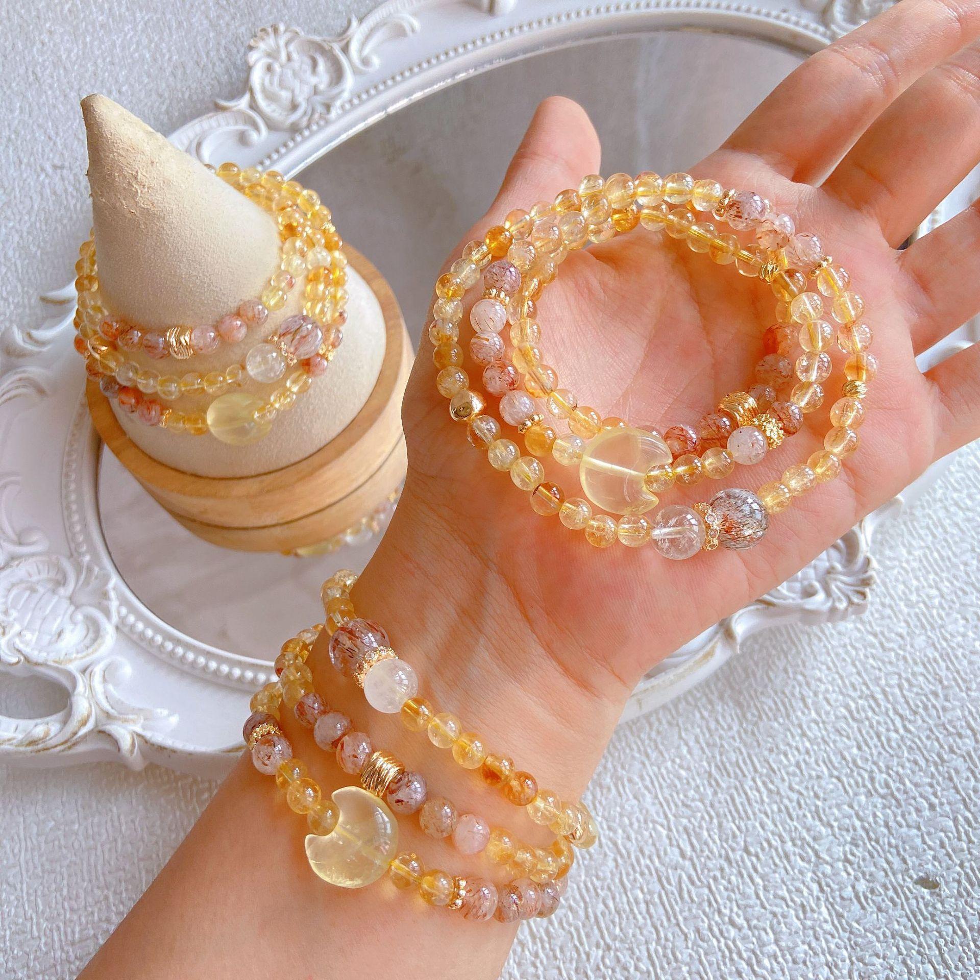 [Лунная Тень Цзиньхуэй] Натуральный Лимонный Хрусталь Хуантай Хрусталь Черное Золото Супер Трех Кругов Браслет Популярный Браслет Douyin Оптом