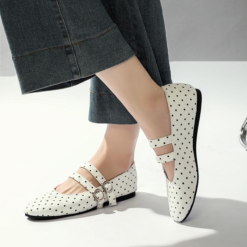 Fashion Fashion Polka Dot Design Ballet Flats Women Comfort Shallow Soft Sole Double Buckle Mary Jane Shoe Elegant Round Toe Casual Shoe